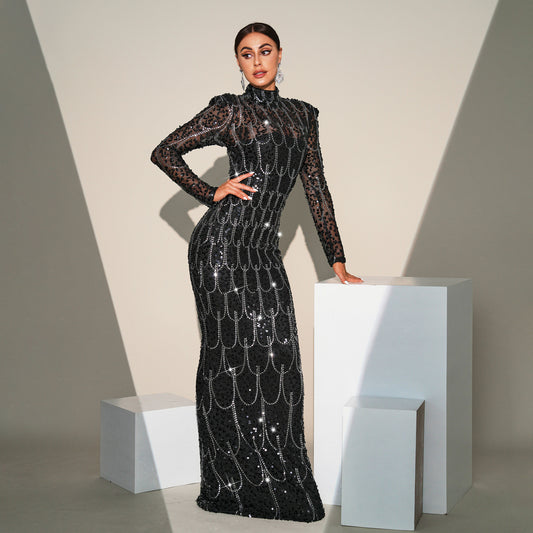 Women's Temperament Crew Neck Sequined Banquet Dress Dresses