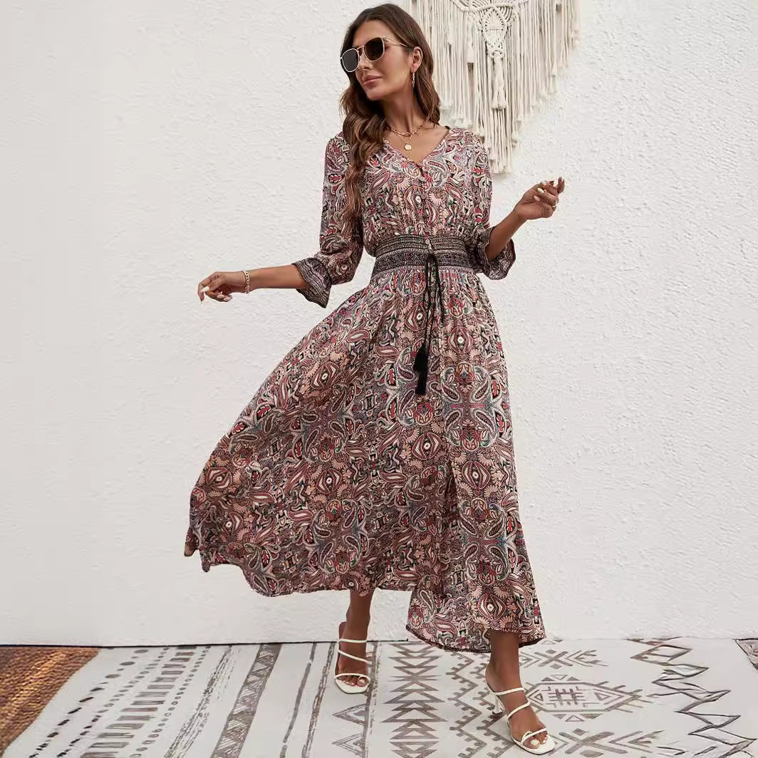 Women's Rayon Positioning Printed Sleeves Waist Bohemian Holiday Breasted Dress