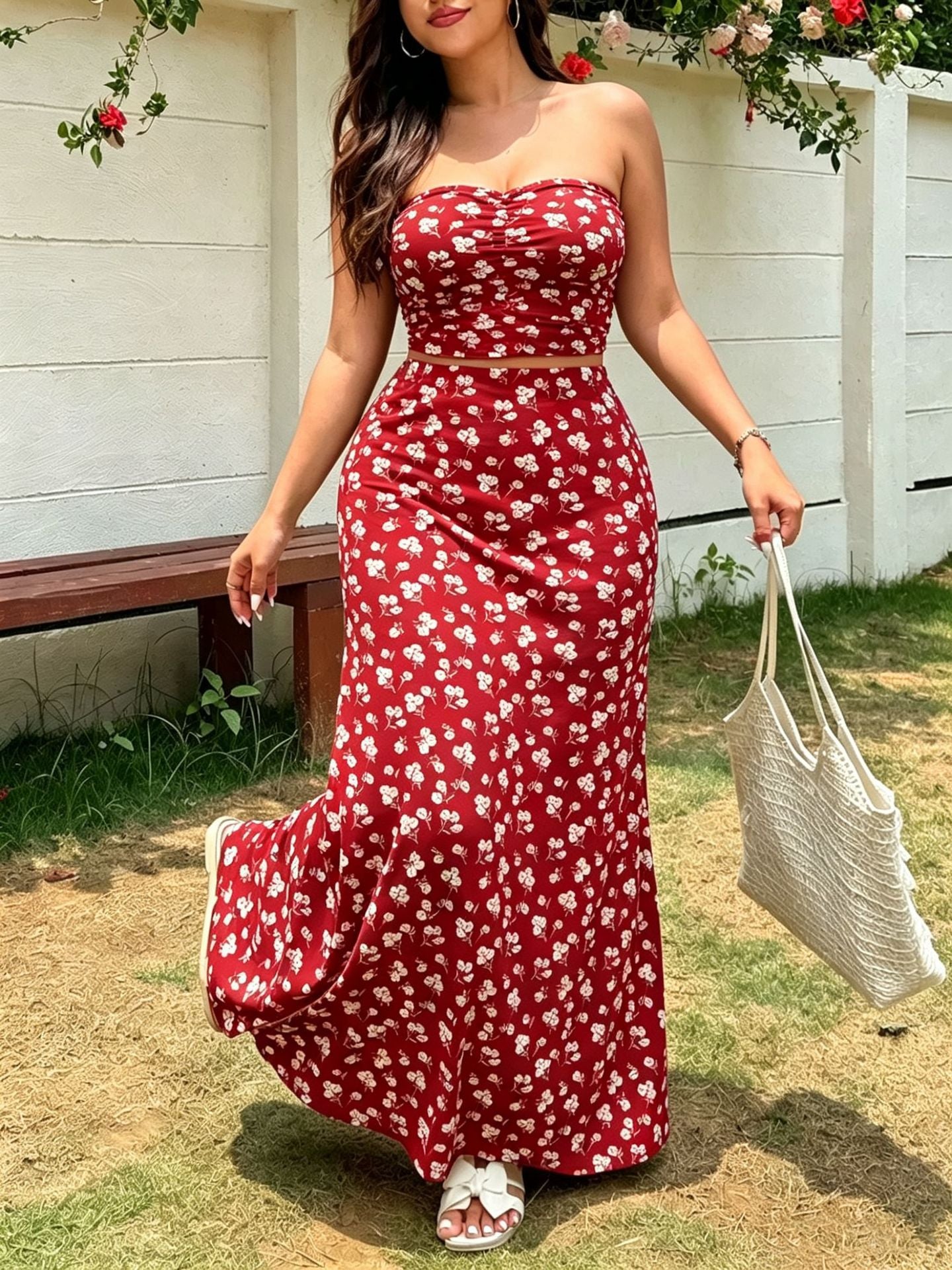 Summer French Style Small Floral Print Tube Vacation Two-piece Dress