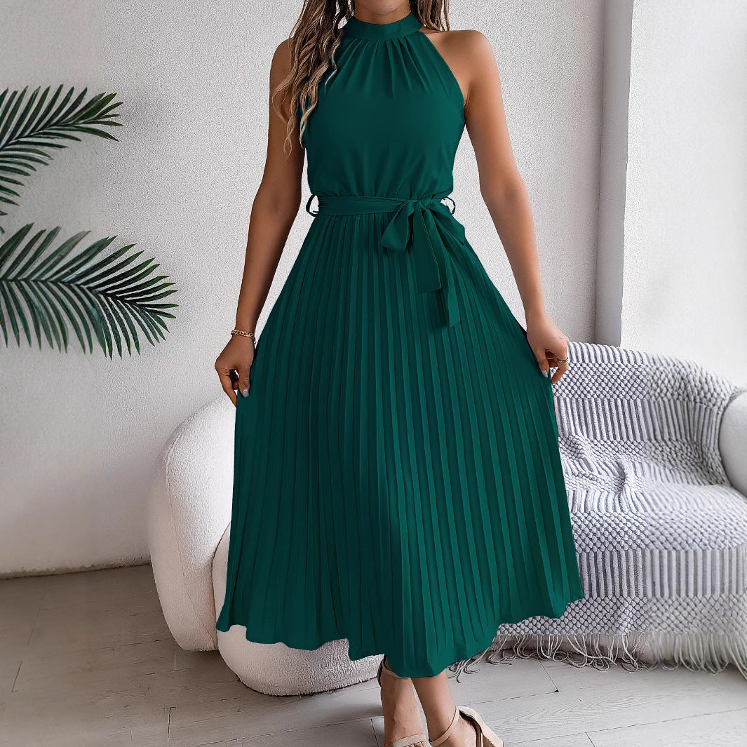 Women's Elegant Stand Collar Sleeveless Cinched Pleated Dress
