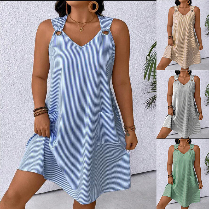 Glamorous Round Neck Pocket Striped Overall Skirts