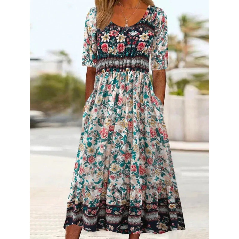 Women's Summer Round Neck Sleeve Dress Bohemian Dresses