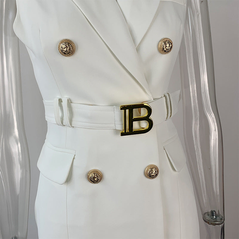 Waist Metal Buckle Elegant Slim Black Dresses