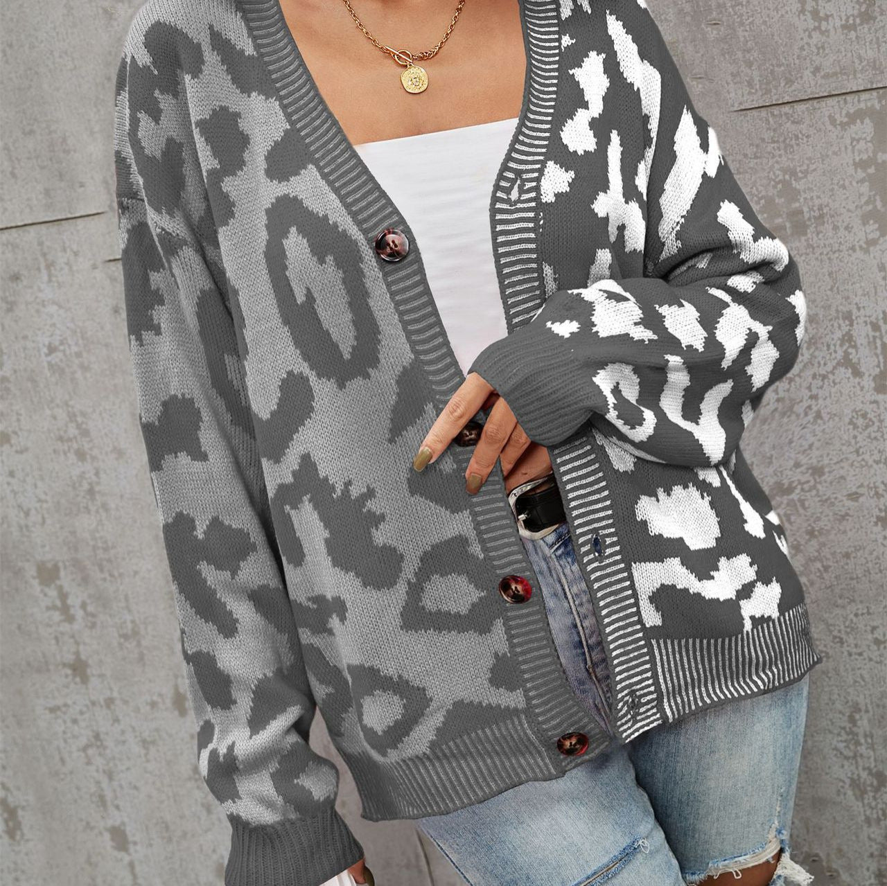 Graceful Comfortable Winter Leopard Splicing Button Women's Sweater