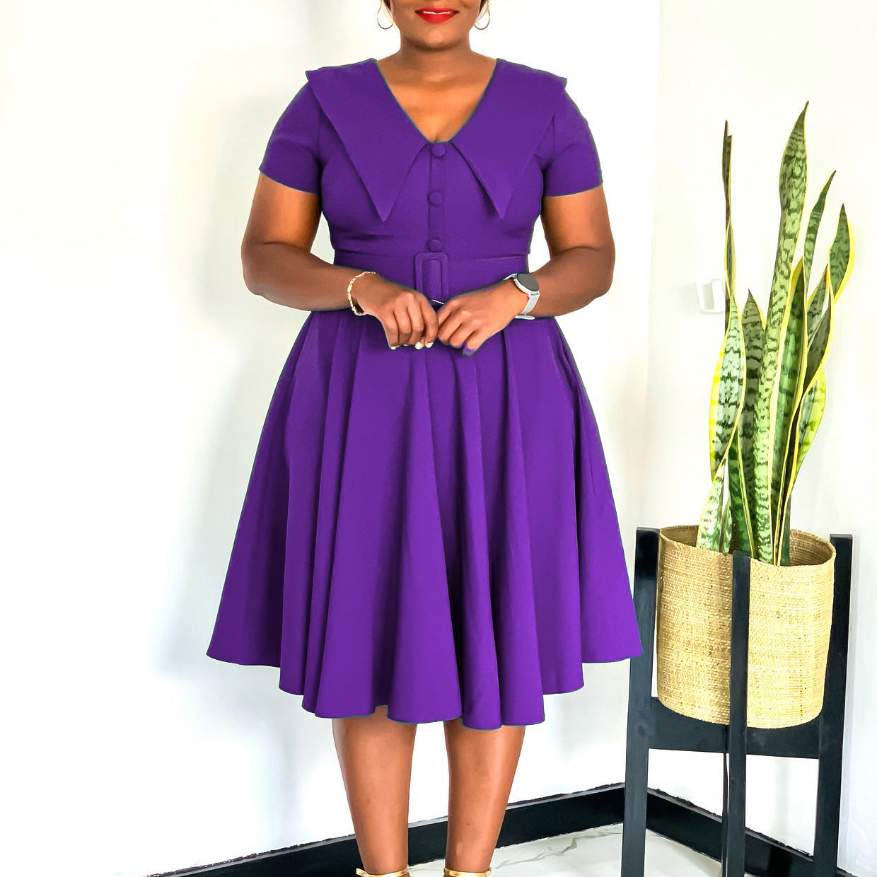 Women's Temperament Peter Pan Collar Sleeve Stretch Dresses