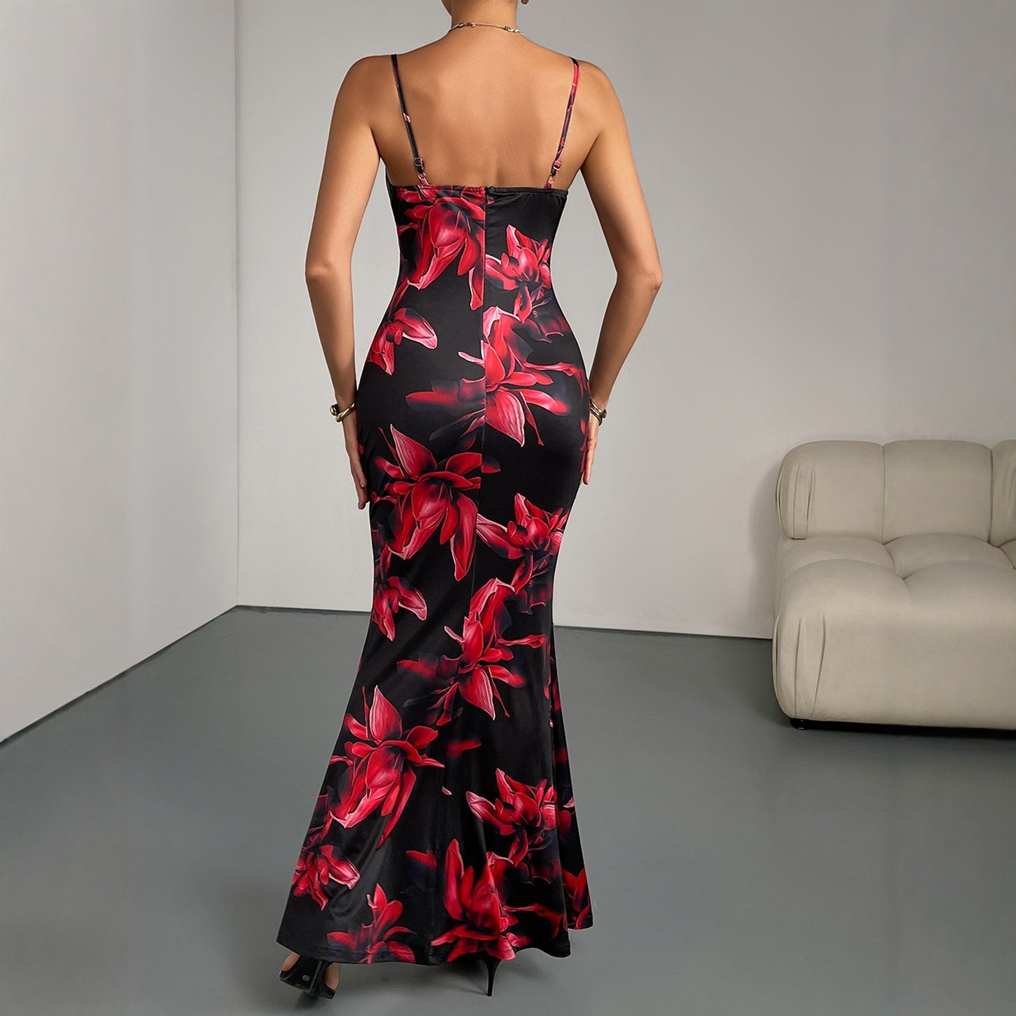 Women's Summer Printed Backless Fishtail Sling Party Dress