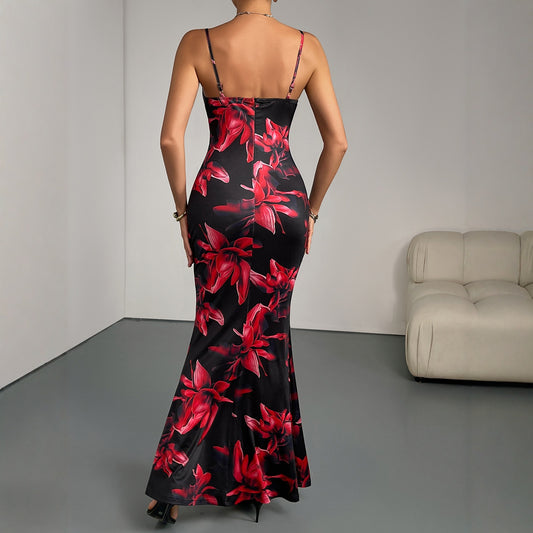 Women's Summer Printed Backless Fishtail Sling Party Dress