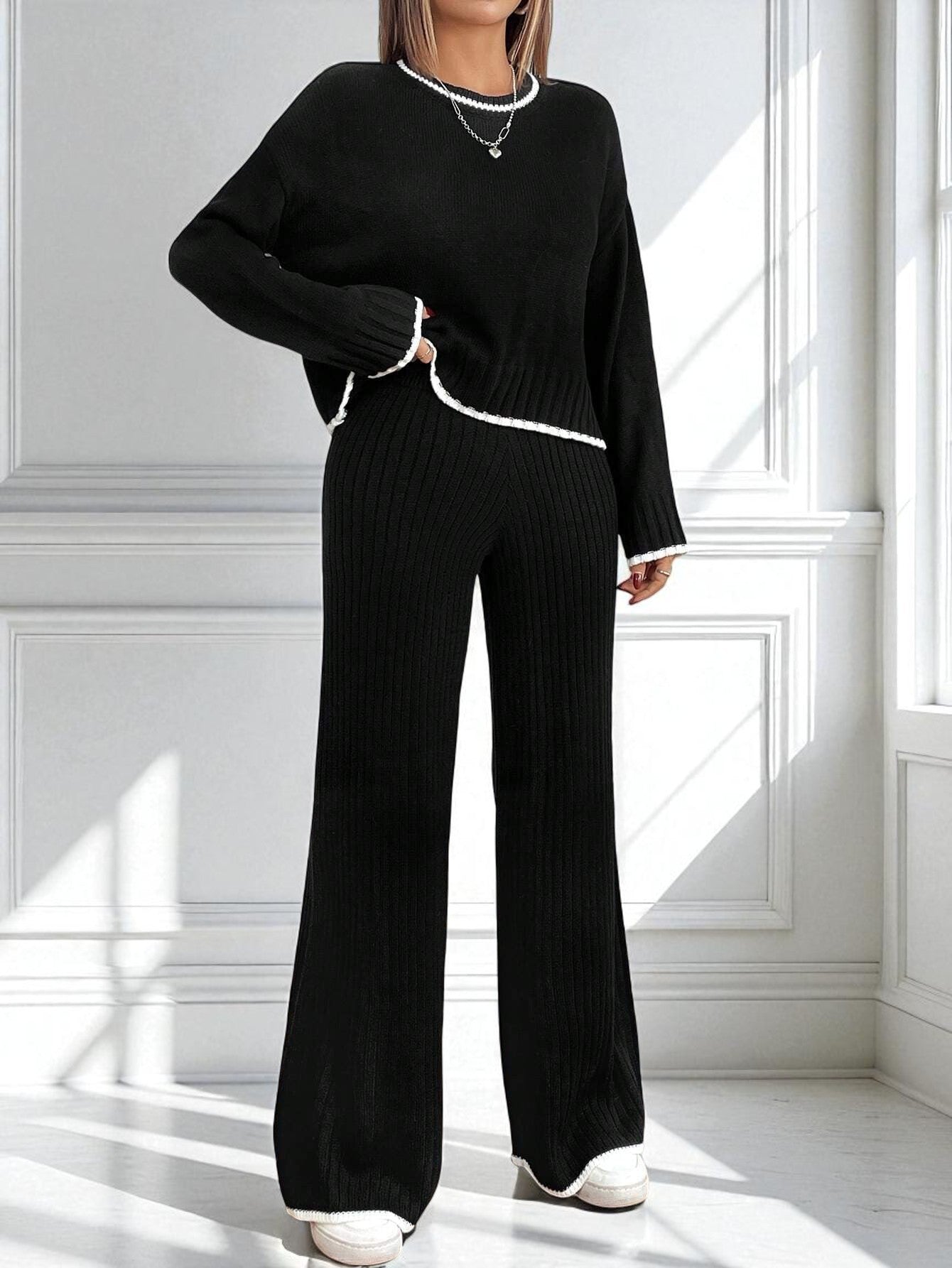 Women's Fashion Long Sleeve Knitted High Waist Wide Leg Suits
