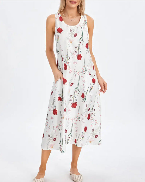 Summer Sleeveless Round Neck Printed Long Dress