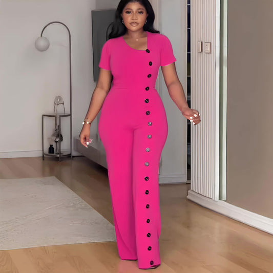 Irregular Neckline Waist Wide Leg Breasted Jumpsuits