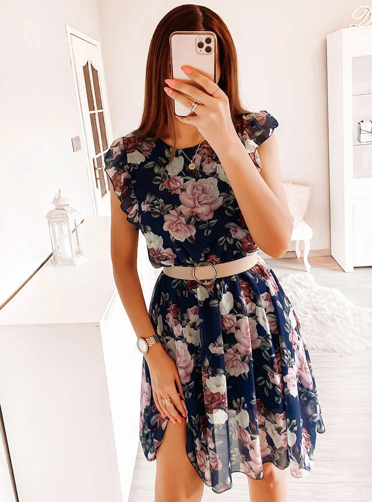 Holiday Style Ruffled Sleeves Chiffon Printed Dresses