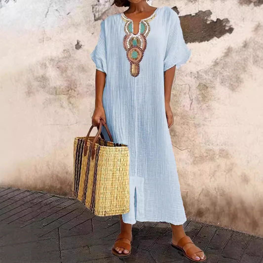 Cotton Linen Embroidery Split Dress Optional Dresses