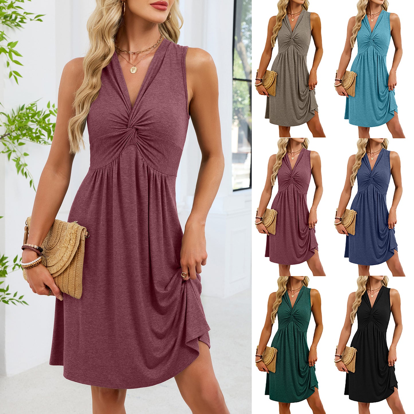 Women's Solid Color Sleeveless Knotted Midi Dress