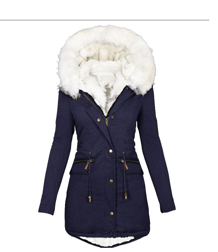Women's Veet Cinched White Fur Collar Hooded Coats