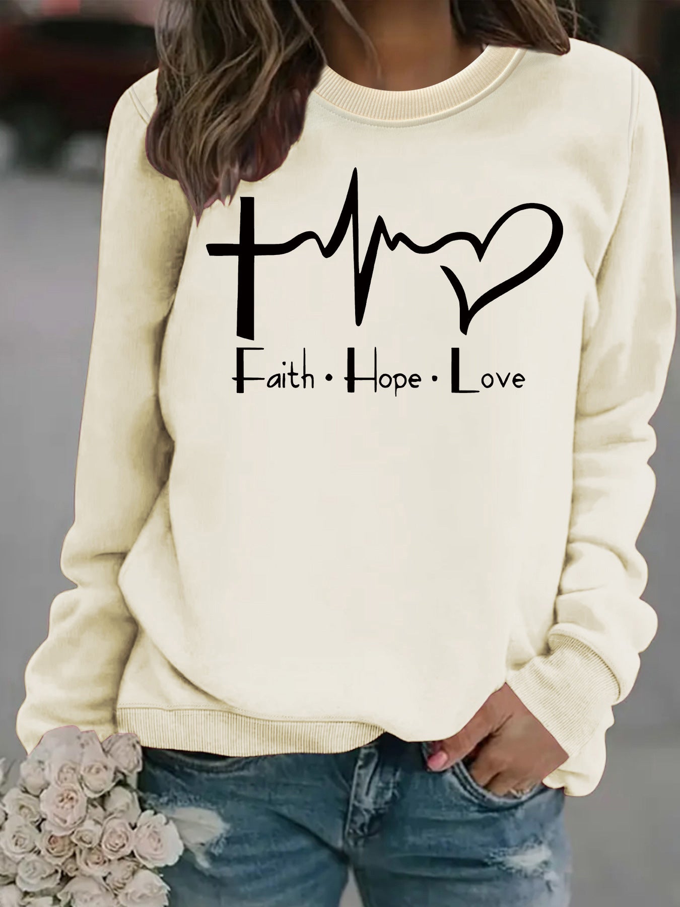 Women's Loose Casual Faith Hope Love Jump Printed Wear Round Neck Women's Sweater, Sweater