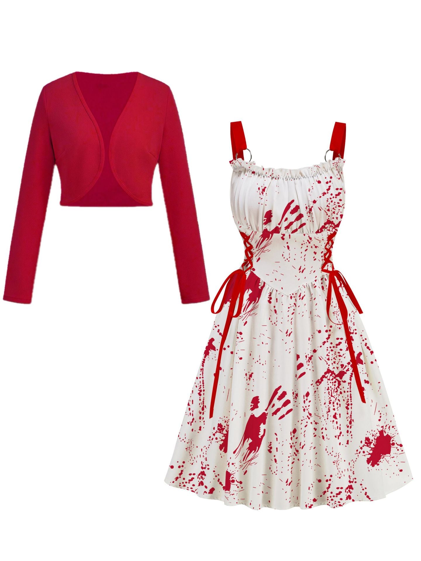Women's Metal Ring Drawstring Elegant Printed Dress Two-piece Cardigans