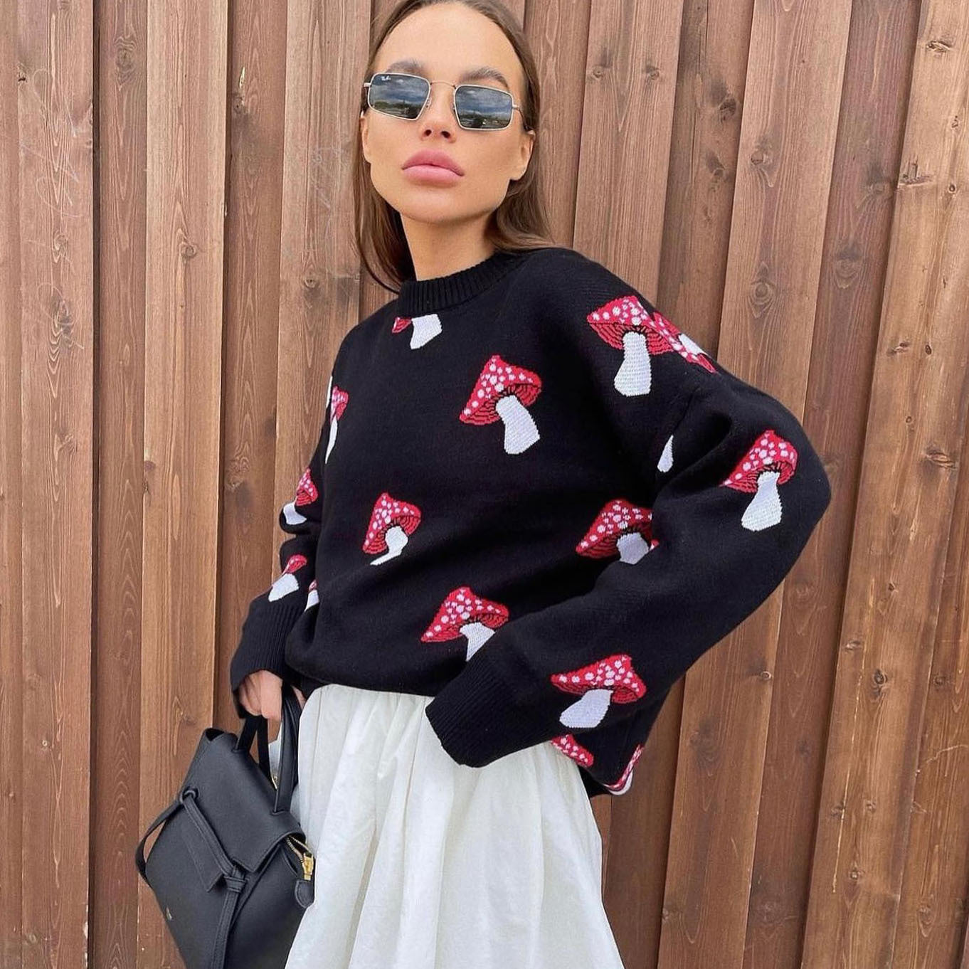 Women's Mushroom Print Contrast Color Pullover Female Sweaters