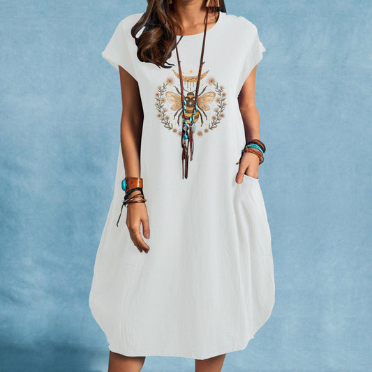 Women's Summer Fashion Bee Little Daisy Printed Large Cotton Linen Pocket Dress