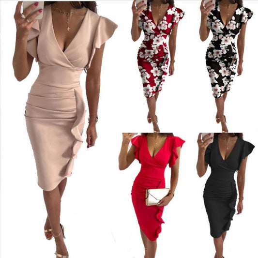 Summer Slim Fit Waist Pleating Ruffled Dress