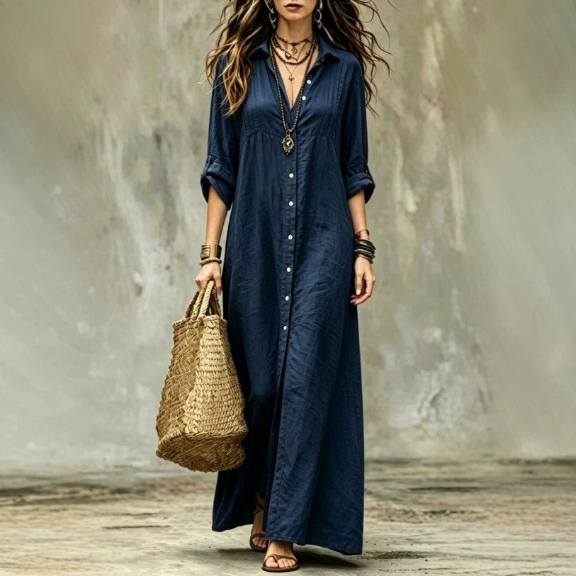 Comfortable Shirt Collar Floor Casual Simple Dress
