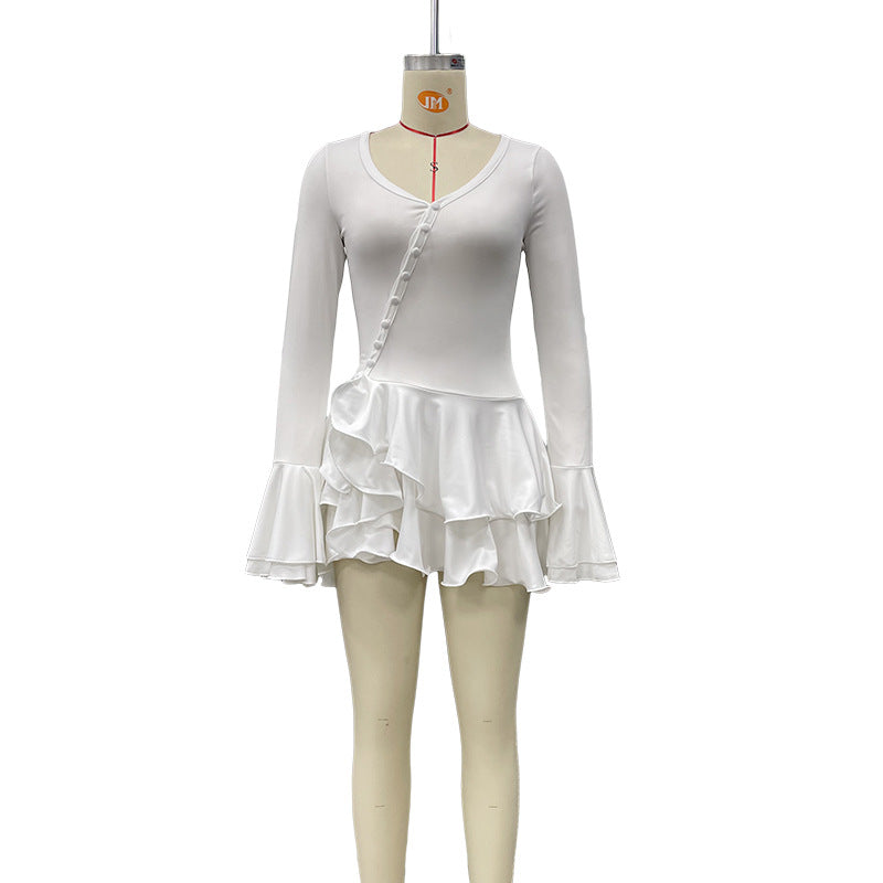 Women's Elegant Single-breasted Flared Long Sleeve Slim Dress