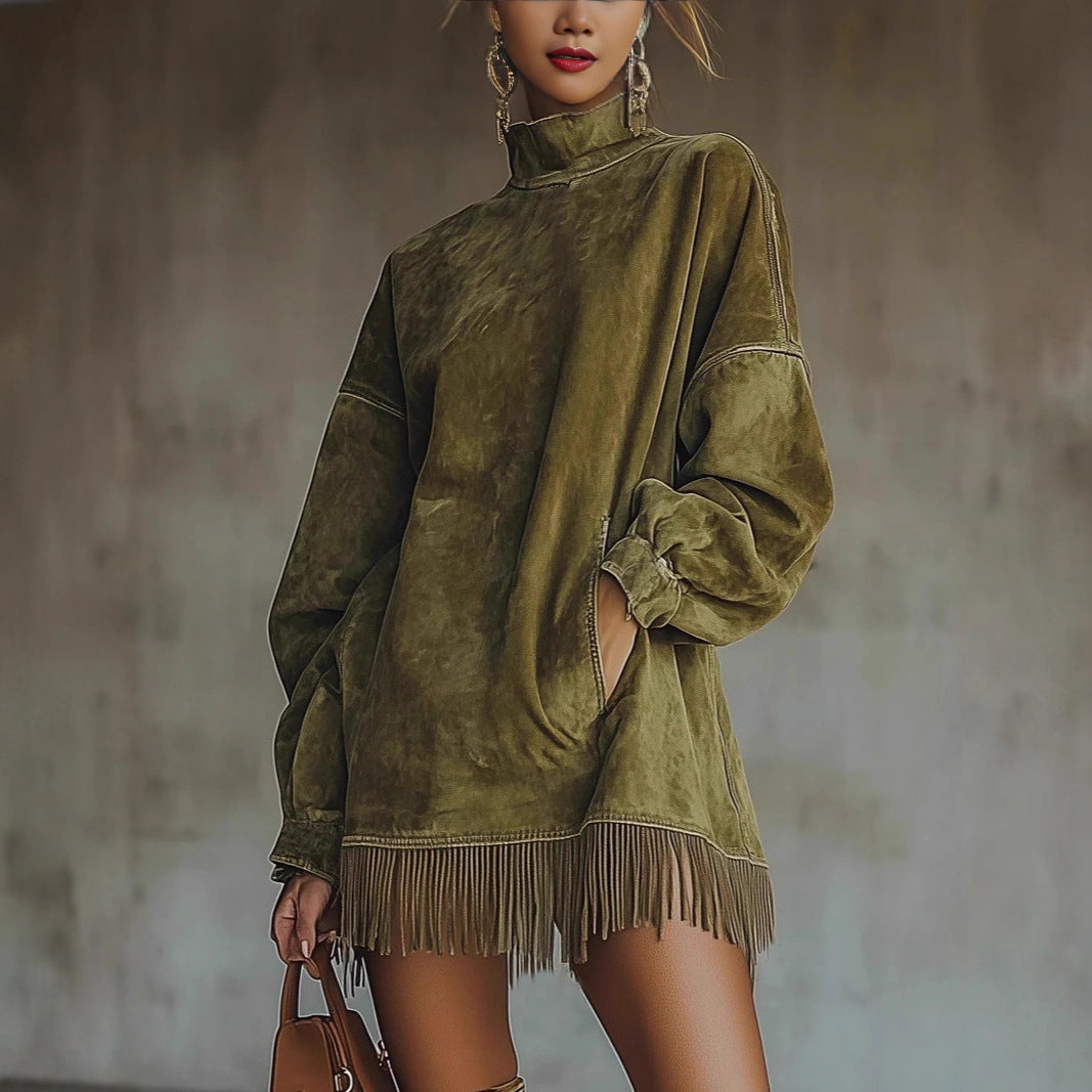 Turtleneck Suede Vintage Loose Pockets Tassel Long Dress