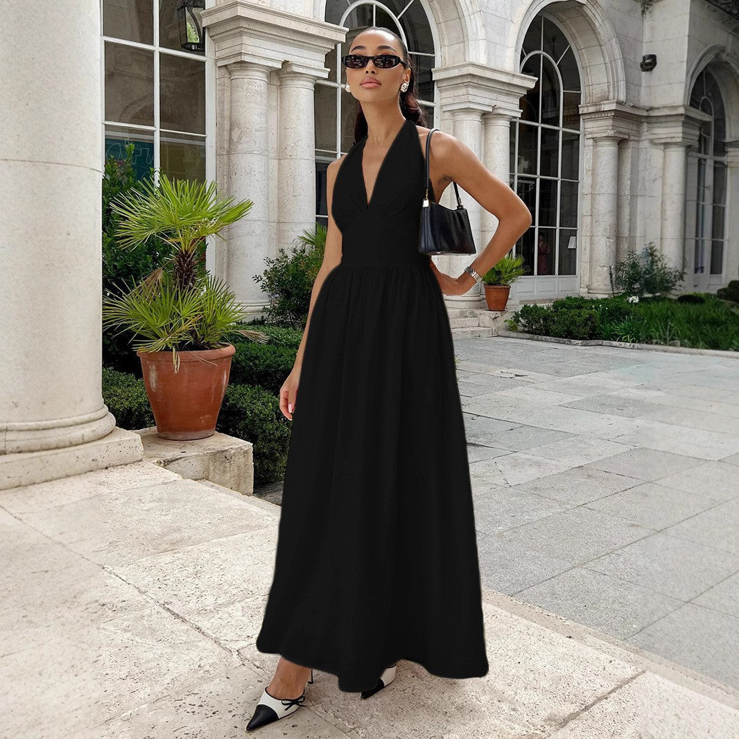 Women's Temperament Pure Color Backless Large Hem Dress