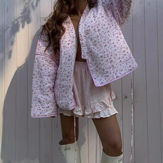 Pink Sweet Floral Flared Sleeves Cotton Coats
