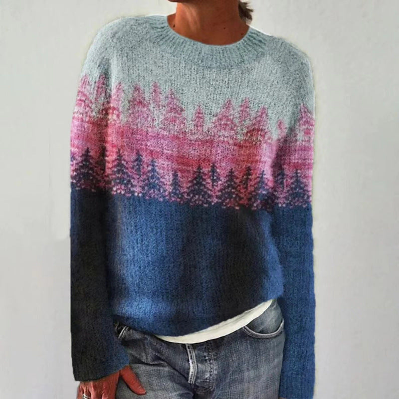Women's Tibetan Wolf Round Neck Loose Fashion Pullover Color Matching Dark Sweaters