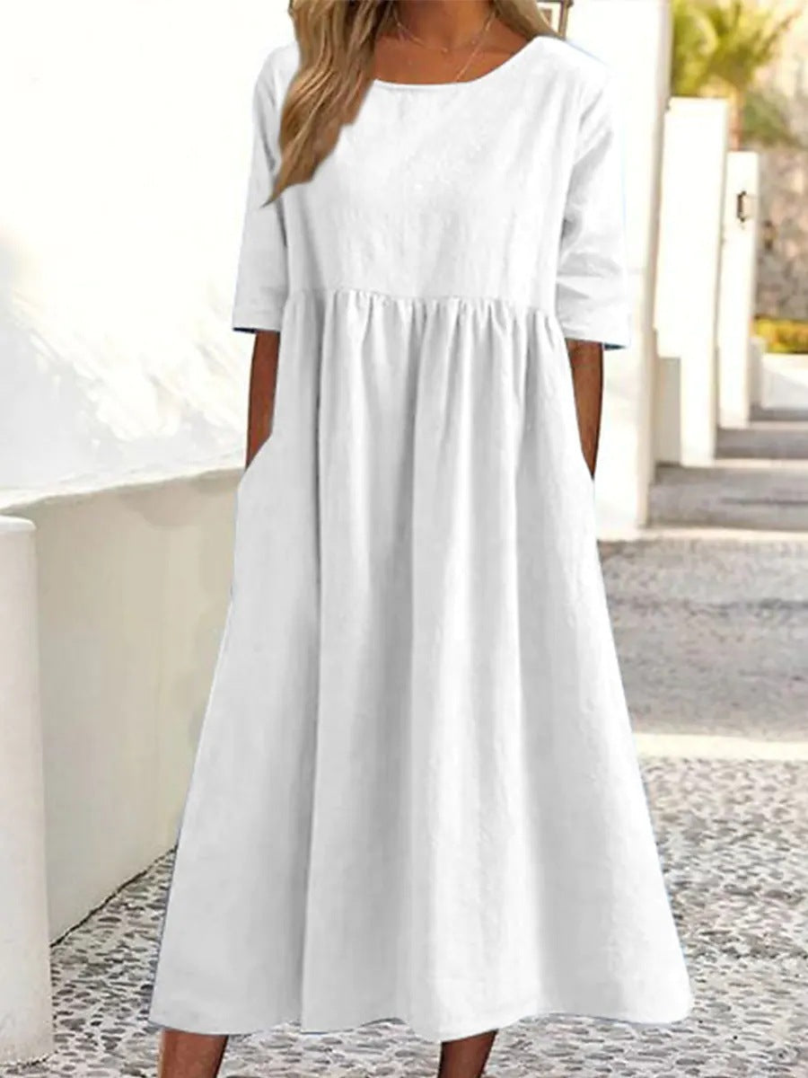 Casual Sleeve Pocket Pleated Loose Round Dress