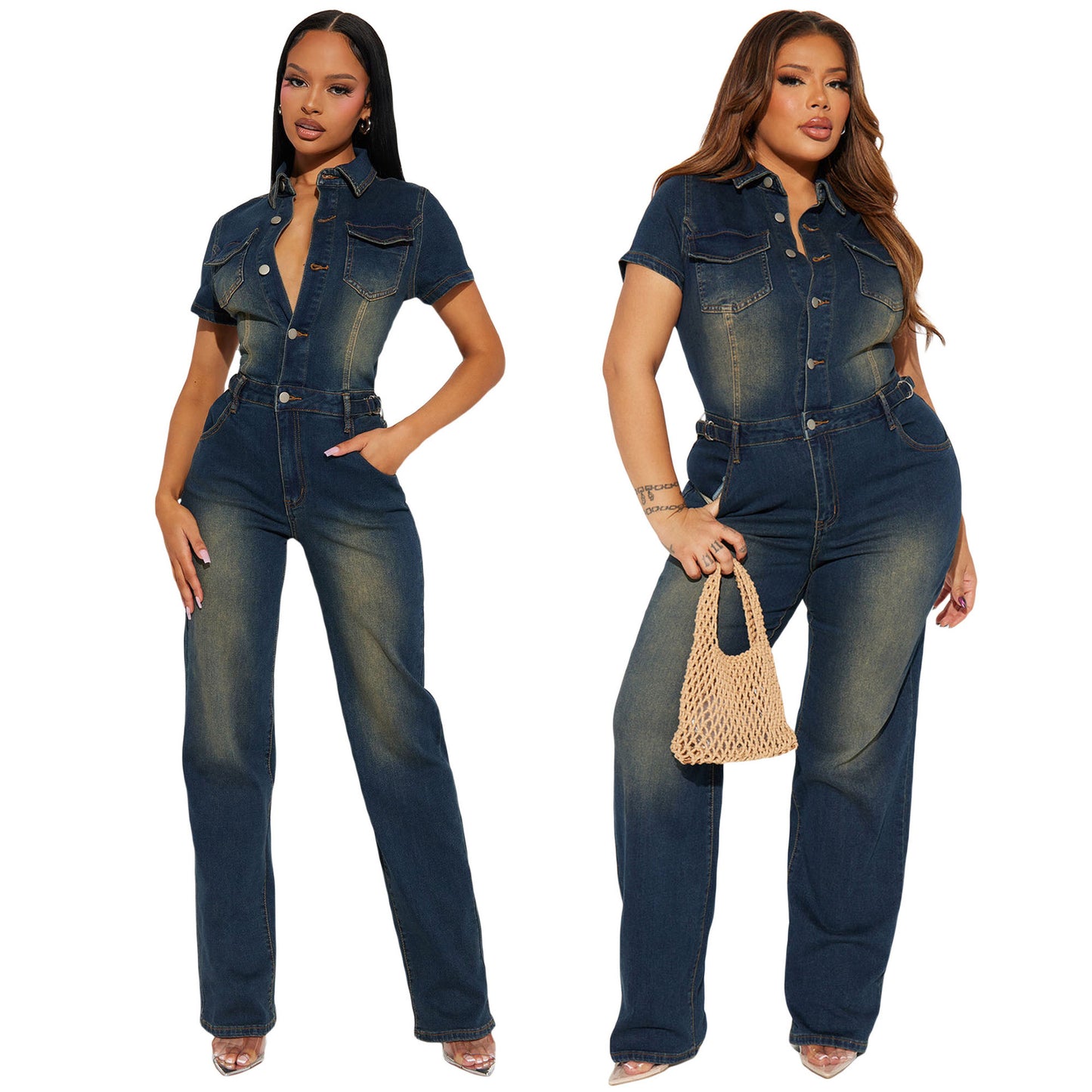 Tight Waist Slim Elastic Washed Denim Jumpsuits