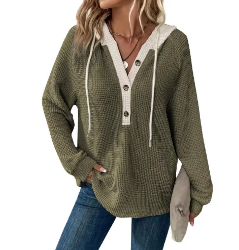 Women's Waffle Hooded Button Loose Long Sleeve Matching Women's Sweater, Sweater