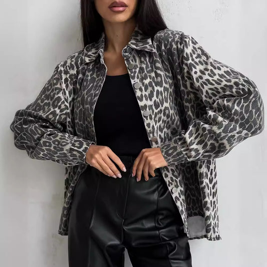 Vintage Leopard Print Niche Lapel Denim Spring Jackets