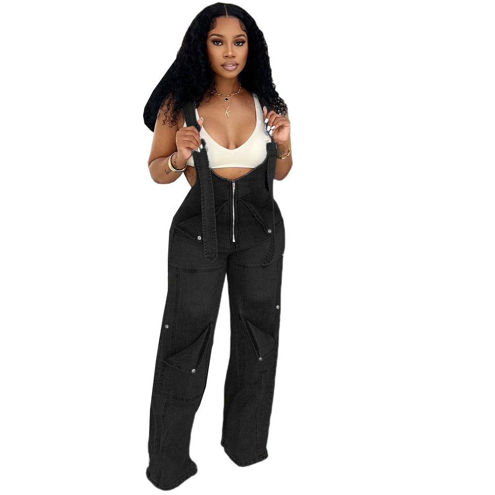 Women's Denim Overalls Summer Street Casual Zipper Washed Jumpsuits