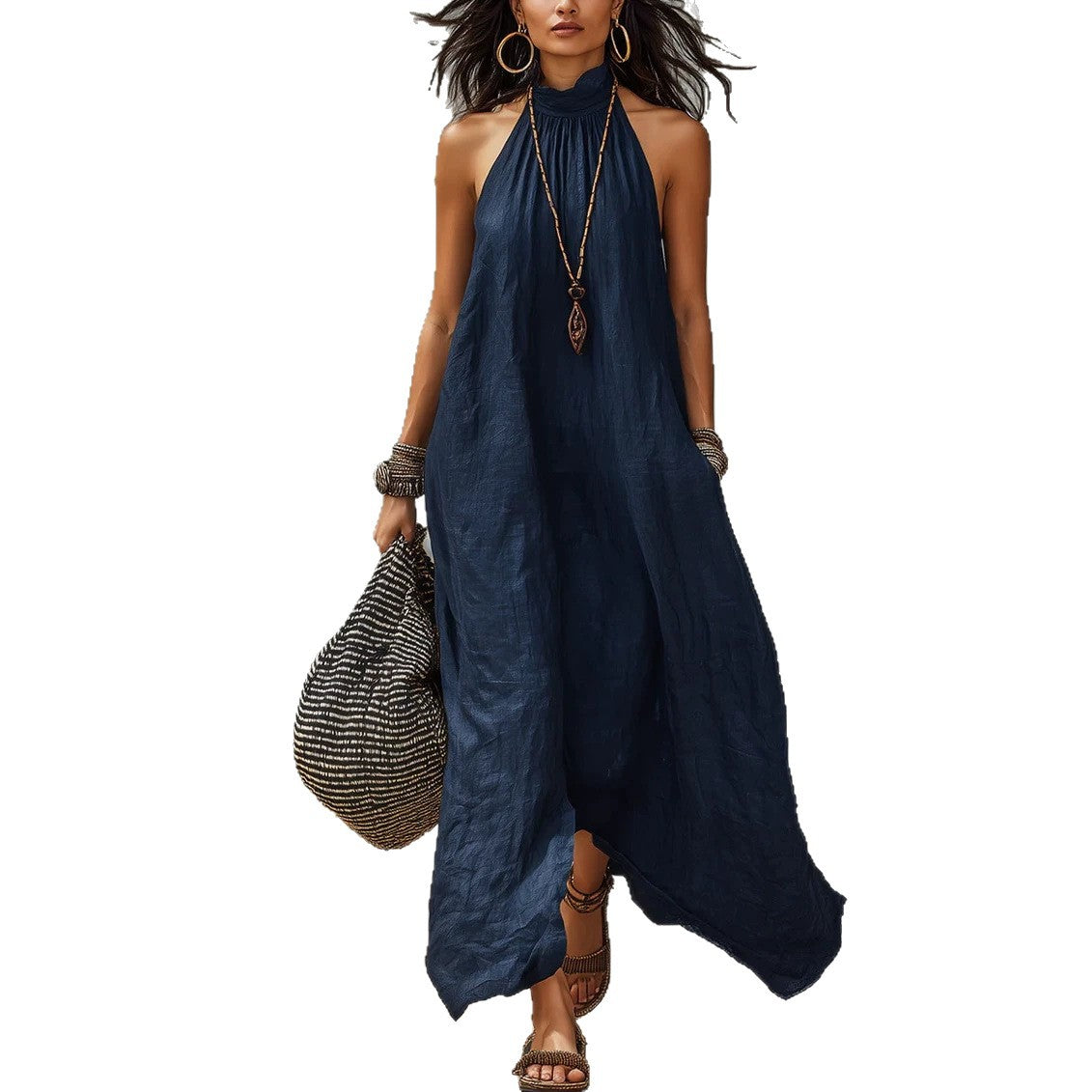 Women's Style Halter Long Backless Wrinkle Loose Dress