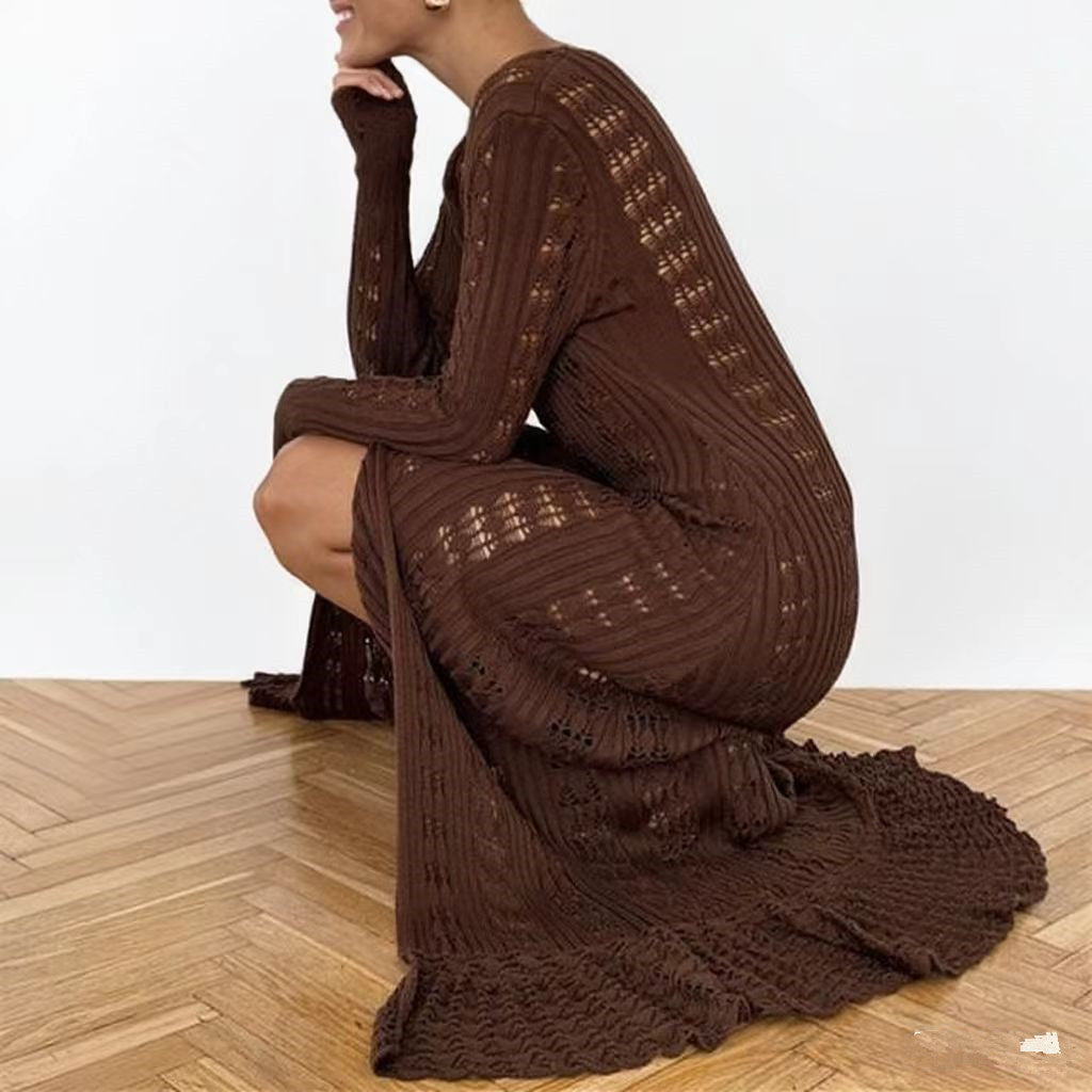 Women's Long Knitted Design Ruffled Idle Style Outer Flared Dress
