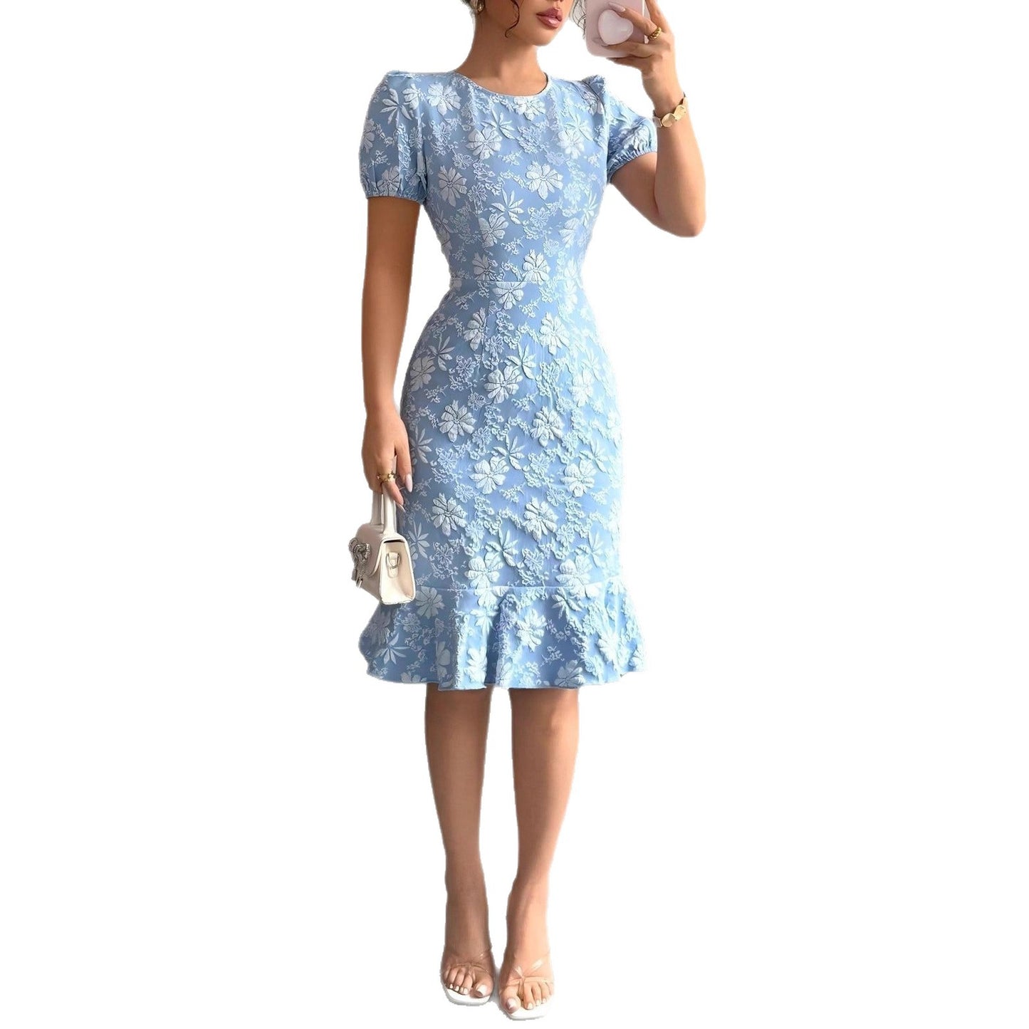 Women's Source Summer Bubble Sleeve Texture Jacquard Round Neck Retro Dress