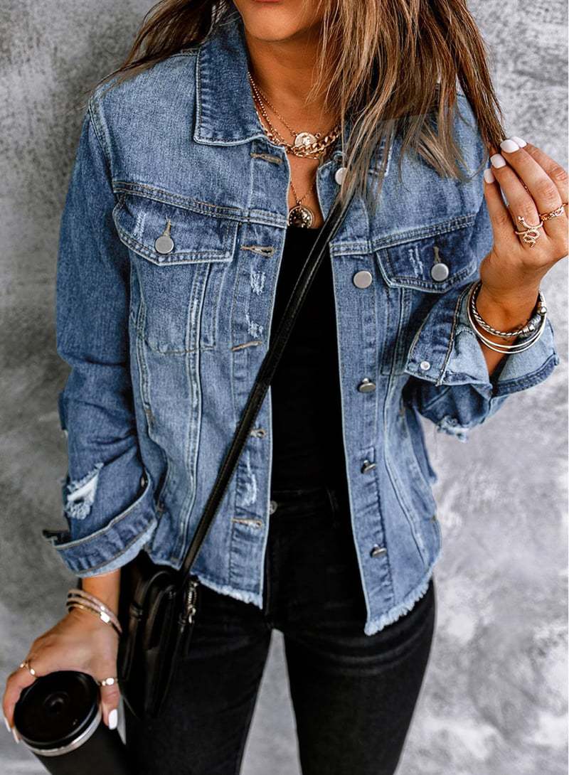 Women's Denim Washed Shabby Lapel Long Sleeve Tops