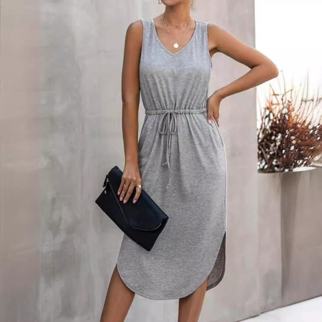 Women's Solid Color Irregular Cinched Round Neck Dress