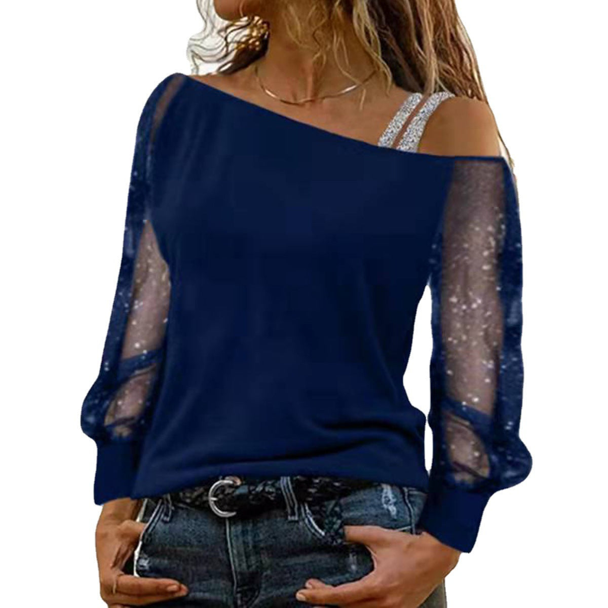 Diagonal Collar Gauzy Long Sleeve T-shirt Fashion Blouses