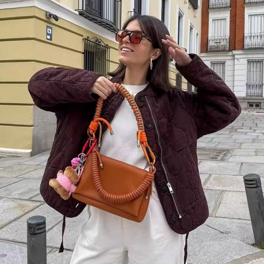 Two-color Drawstring Design Round Neck Quilted Coats