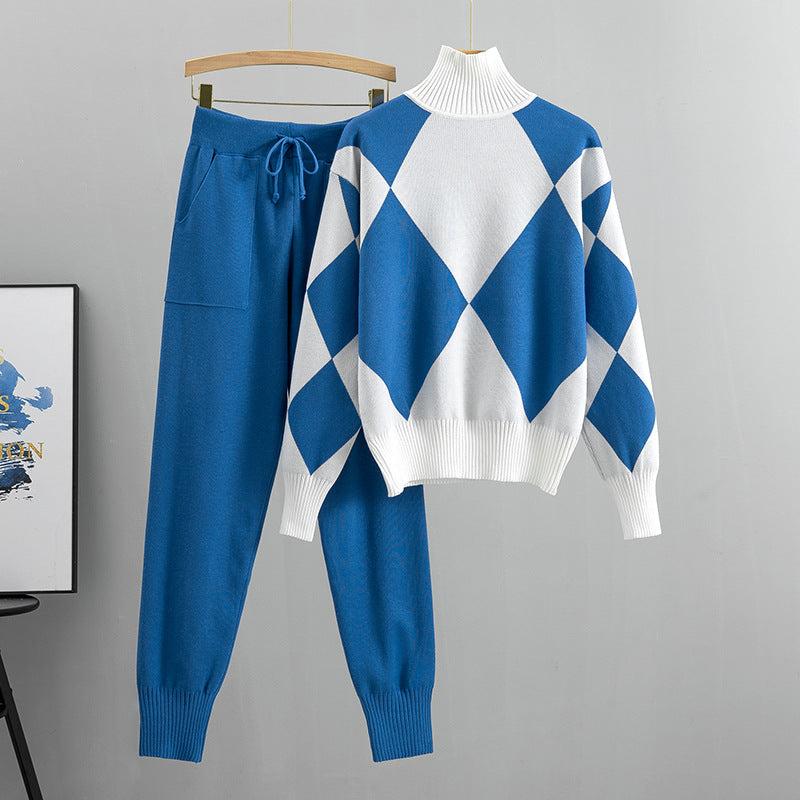 Women's Knitted Plaid Two-piece European Goods Tide Fashion Casual Suit