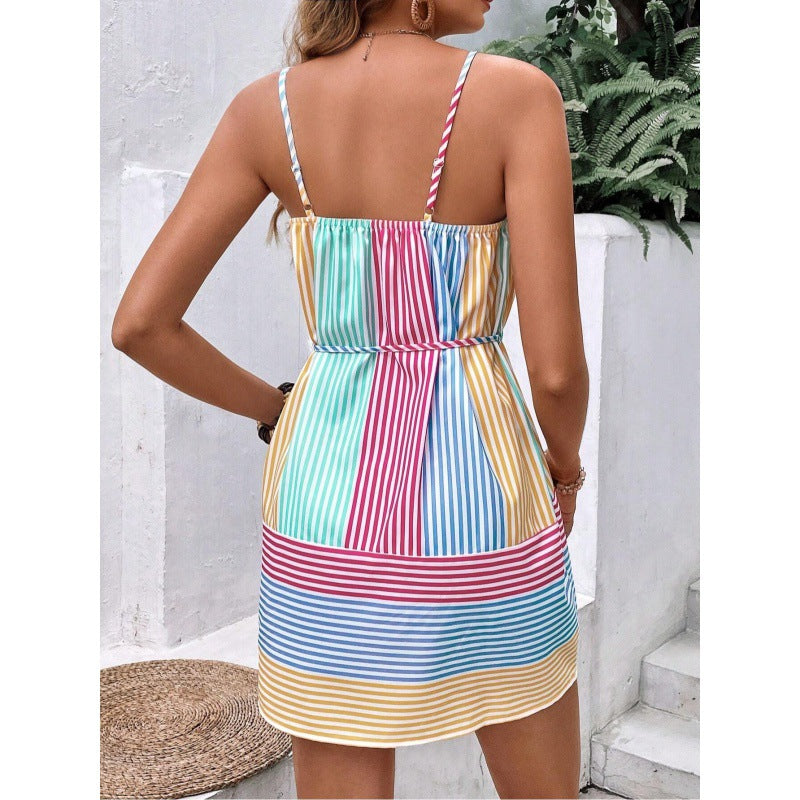 Summer Strap Striped Printed Vacation Style Dress