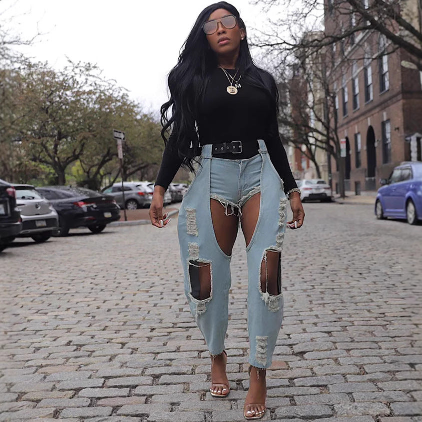 Women's Casual Street Fashion Ripped Belt Denim Jeans