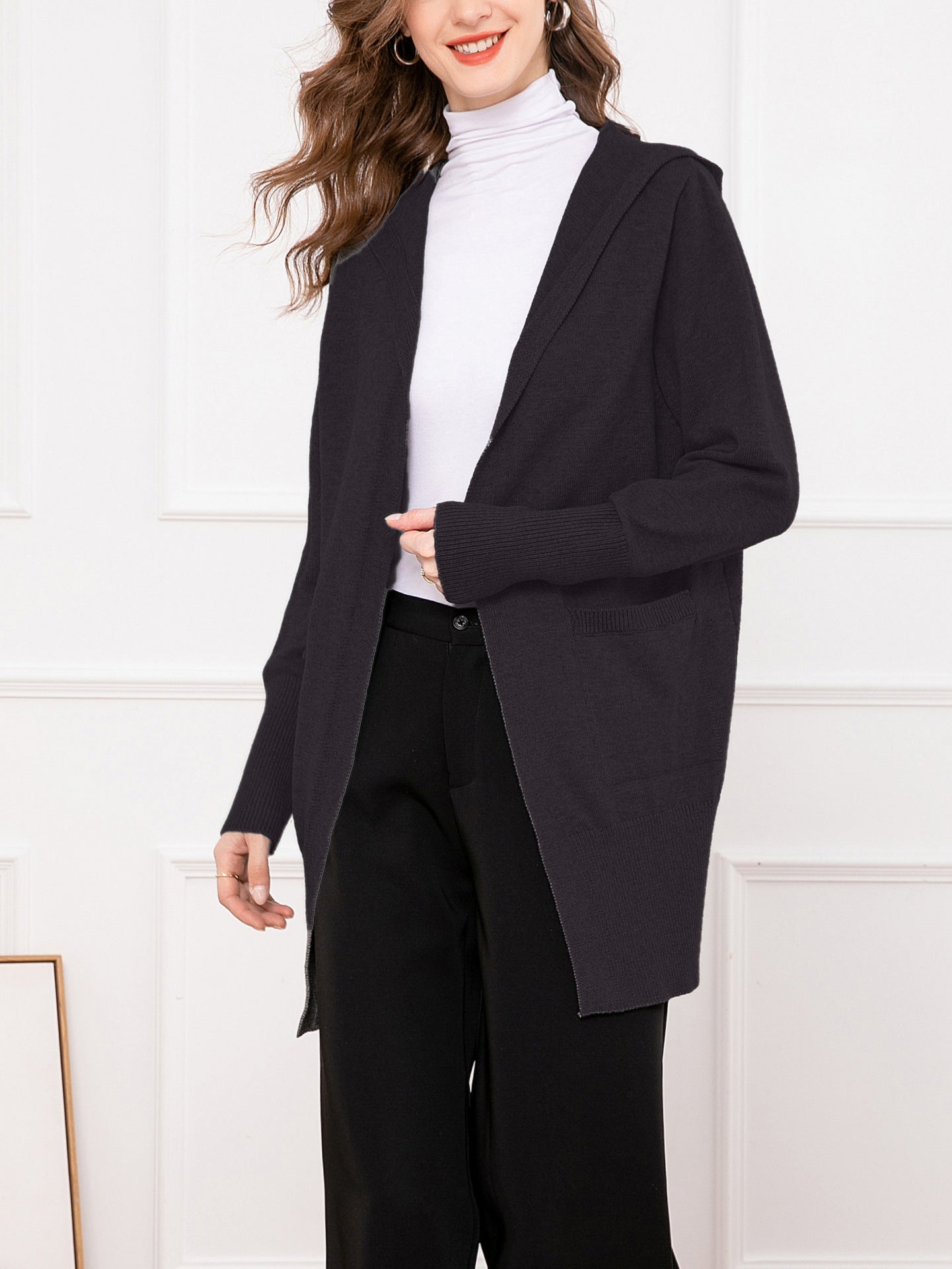 Women's V Loose Outer Wear Mid-length Outerwear Casual Simple Commute Hooded Sweater