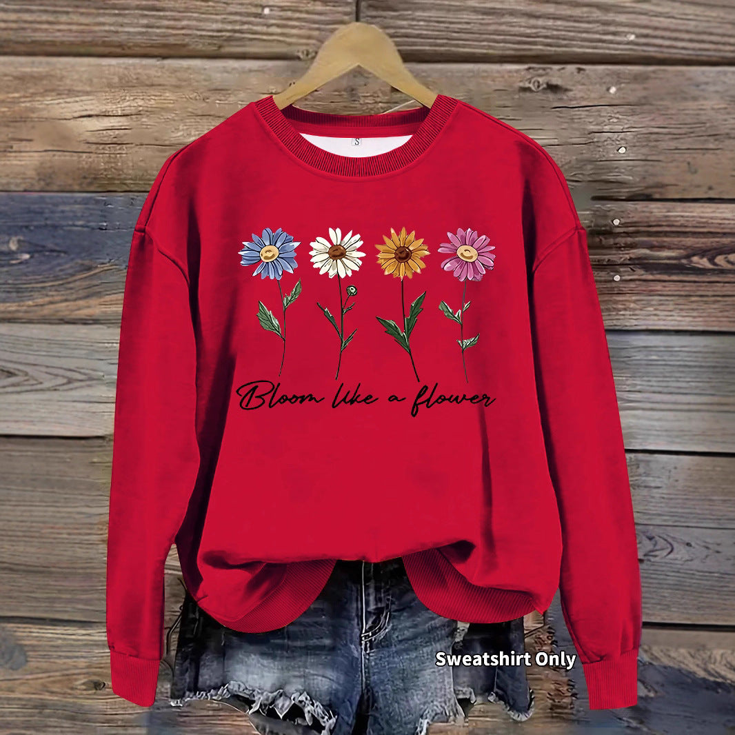Women's Floral Graphic Print Crew Neck Casual Long Women's Sweater, Sweater