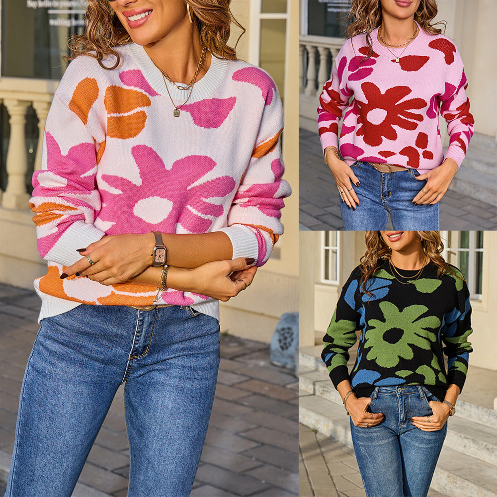 Women's Round Neck Pullover Casual Floral Printed Sweater