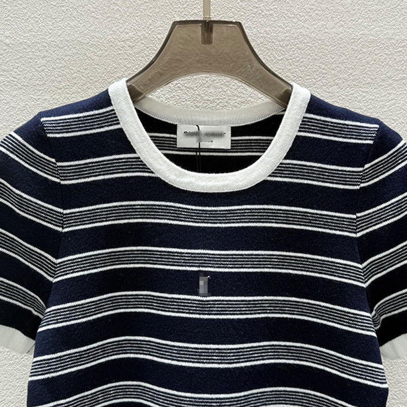 Women's Blue White Gray Knitted Striped Round Neck Shorts