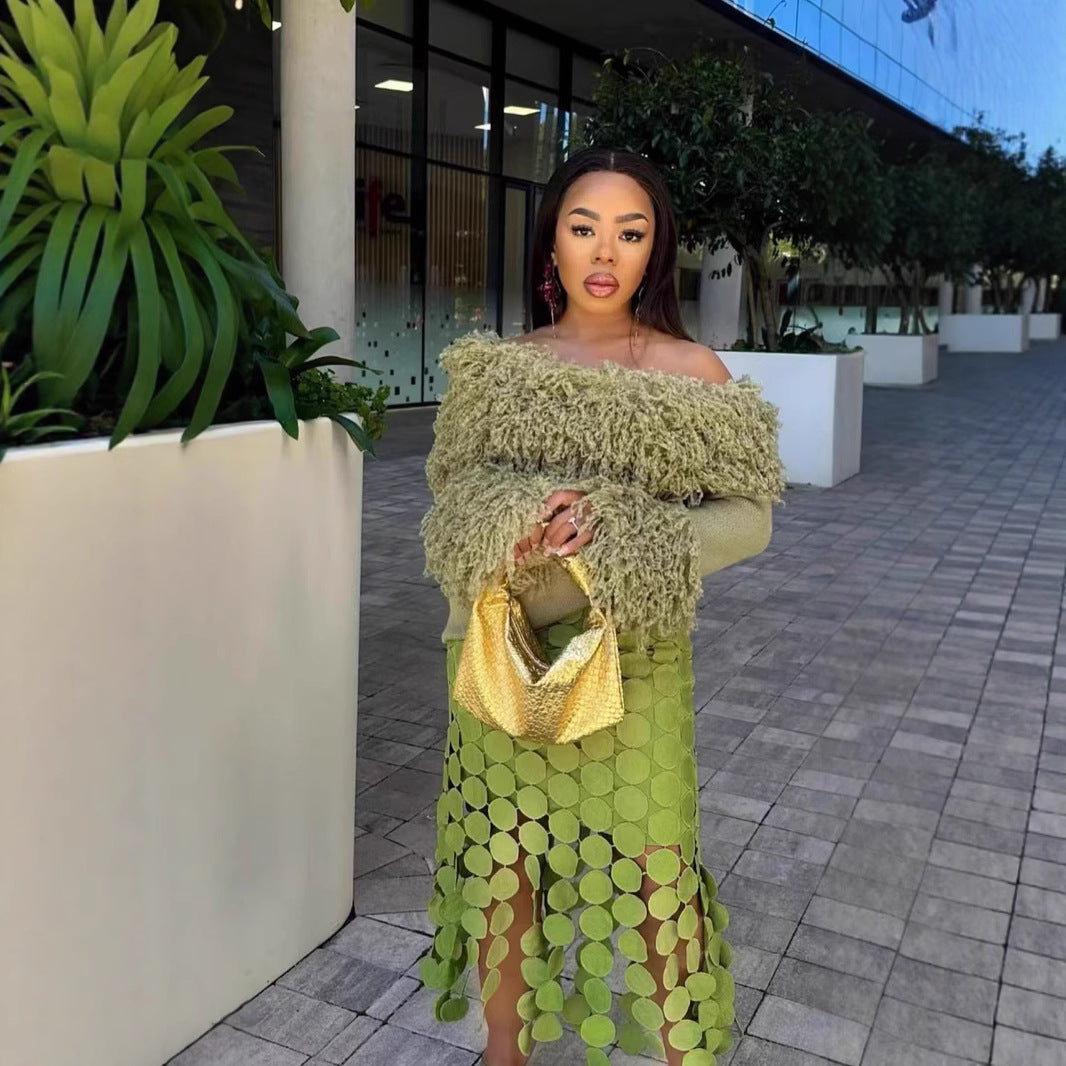 Women's French Fashionable Design Collar Texture Tassel Knitwear