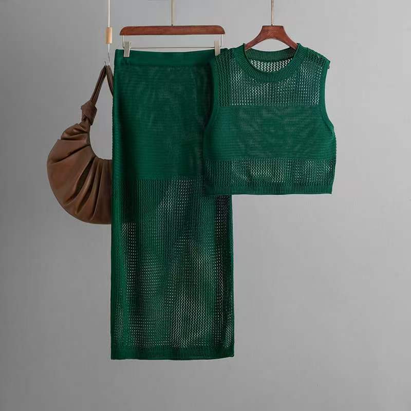 Hollow Sleeveless Summer Knitted Slit Two-piece Sweater